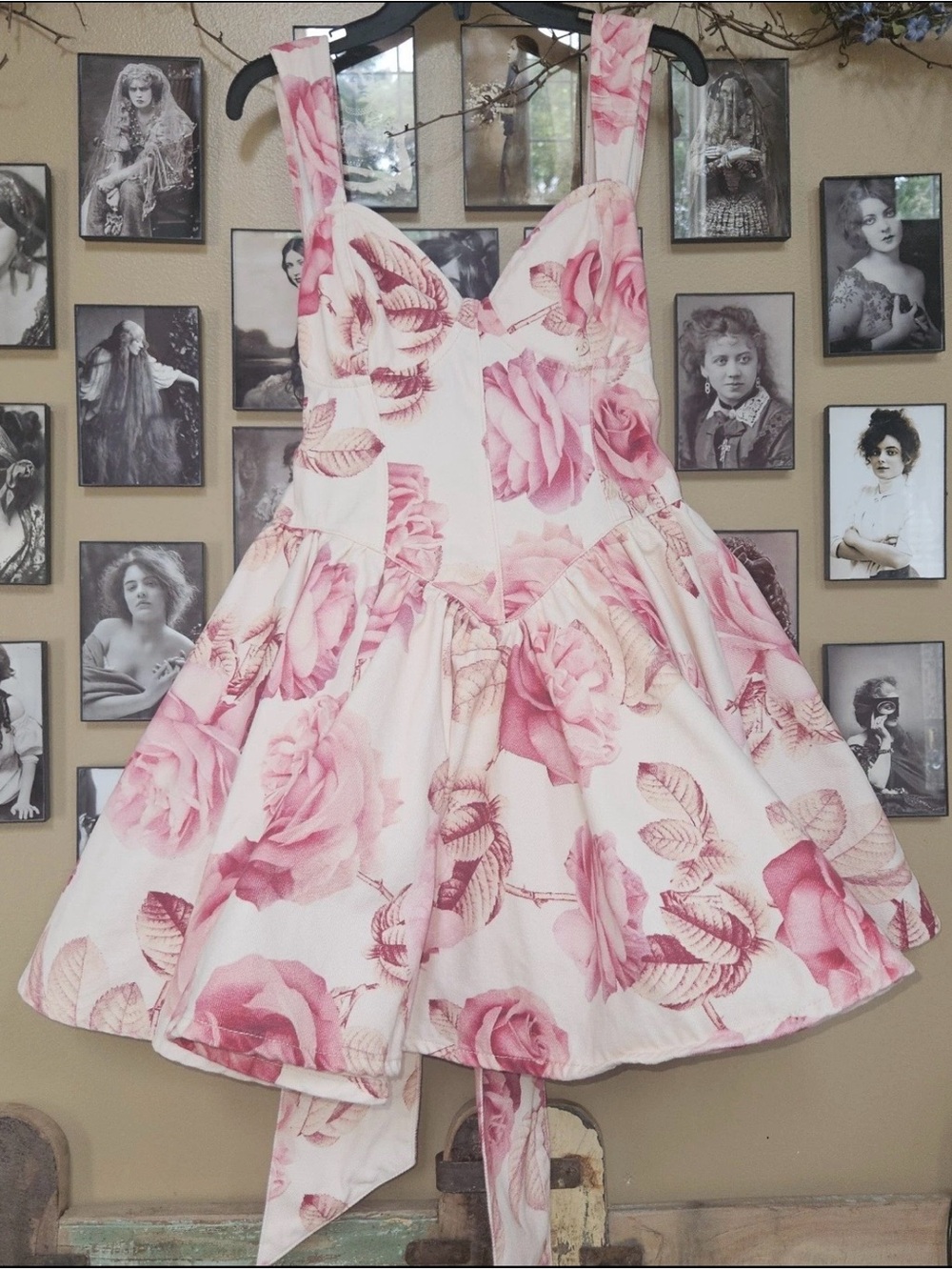 ASOS LUXE Denim Corset Garden Dress Shabby Chic Feminine Pink Roses Party 12